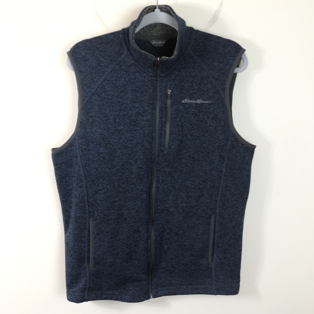 Eddie Bauer Men's Fleece Sweater Vest Full Zip Sleeveless Sz Medium Heather Navy